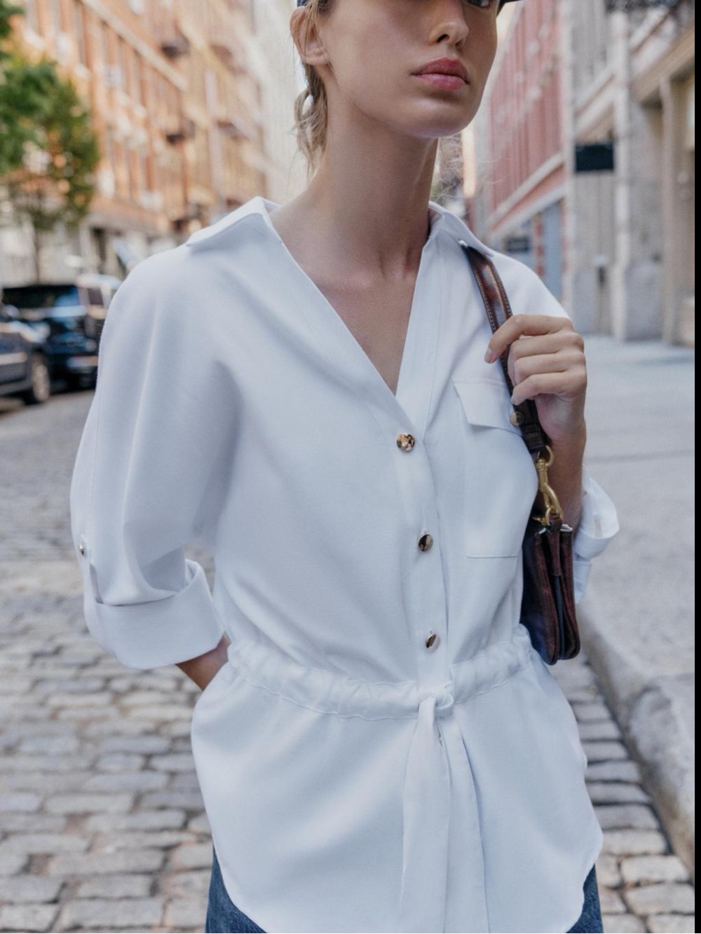 Zara White Drawstring Button-Front Shirt Blouse